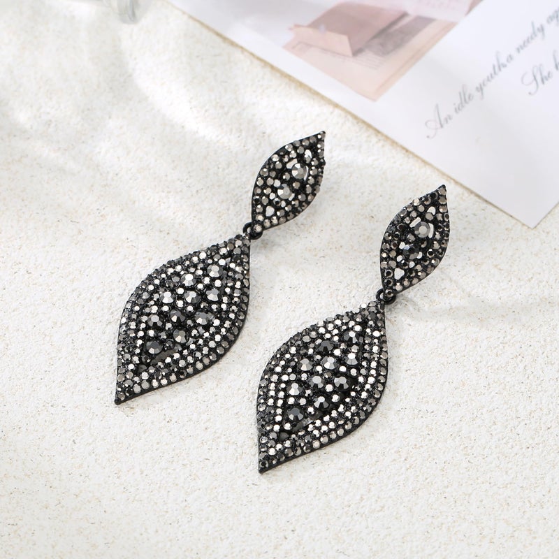Flyonce Women's Rhinestone Crystal Wedding Bridal 2 Leaf Drop Dangle Chandelier Earrings Carbon Black - Image 5